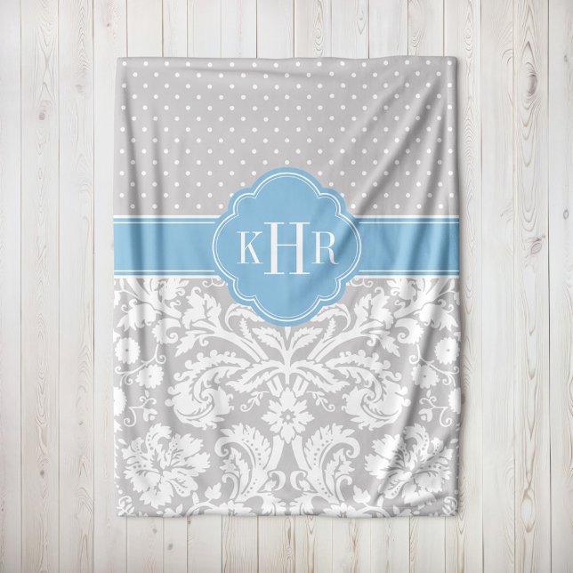 Grey and Sky Blue Damask Polka Dots Monogram Fleece Blanket (Creator Uploaded)