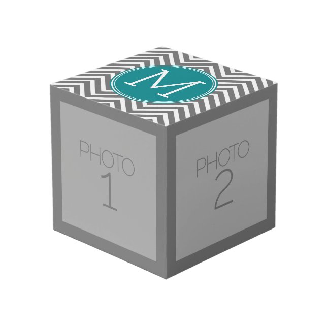 Grey and Teal Chevrons - Custom Monogram Cube (Front Angled)