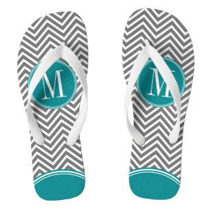 Grey and Teal Chevrons with Custom Monogram Flip Flops