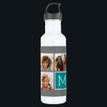 Grey and Teal Instagram Photo Collage Monogram 710 Ml Water Bottle<br><div class="desc">Use 3 square photos to create a unique and personal gift. Or you can keep the hipster puppy and make a trendy keepsake. If you need to adjust the pictures,  click on the customize tool to make changes.</div>
