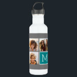 Grey and Teal Instagram Photo Collage Monogram 710 Ml Water Bottle<br><div class="desc">Use 3 square photos to create a unique and personal gift. Or you can keep the hipster puppy and make a trendy keepsake. If you need to adjust the pictures, click on the customize tool to make changes.</div>