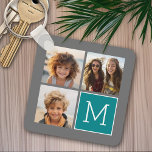 Grey and Teal Instagram Photo Collage Monogram Keychain<br><div class="desc">Use 3 square photos to create a unique and personal gift. Or you can keep the hipster puppy and make a trendy keepsake. If you need to adjust the pictures,  click on the customize tool to make changes.</div>