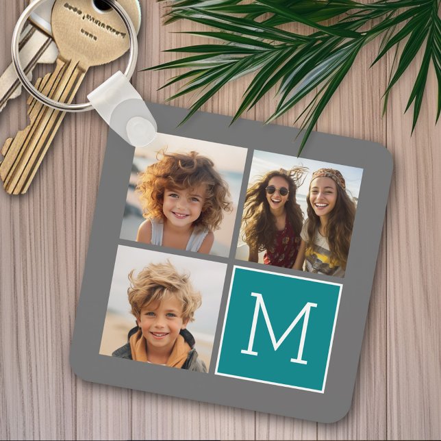 Grey and Teal Instagram Photo Collage Monogram Keychain (Personalized keychain - Photo Collage)