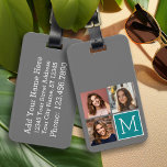 Grey and Teal Instagram Photo Collage Monogram Luggage Tag<br><div class="desc">Use 3 square photos to create a unique and personal gift. Or you can keep the hipster puppy and make a trendy keepsake. If you need to adjust the pictures,  click on the customize tool to make changes.</div>