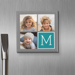Grey and Teal Instagram Photo Collage Monogram Magnet<br><div class="desc">Use 3 square photos to create a unique and personal gift. Or you can keep the hipster puppy and make a trendy keepsake. If you need to adjust the pictures,  click on the customize tool to make changes.</div>