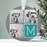 Grey and Teal Instagram Photo Collage Monogram Ornament<br><div class="desc">Use 3 square photos to create a unique and personal gift. Or you can keep the hipster puppy and make a trendy keepsake. If you need to adjust the pictures,  click on the customize tool to make changes.</div>