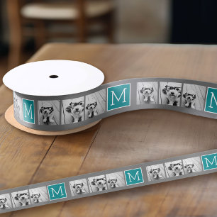 Grey and Teal Instagram Photo Collage Monogram Satin Ribbon