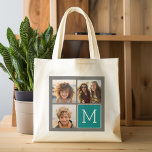 Grey and Teal Instagram Photo Collage Monogram Tote Bag<br><div class="desc">Use 3 square photos to create a unique and personal gift. Or you can keep the hipster puppy and make a trendy keepsake. If you need to adjust the pictures,  click on the customize tool to make changes.</div>