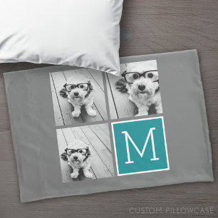 Grey and Teal Photo Collage Monogram Pillowcase