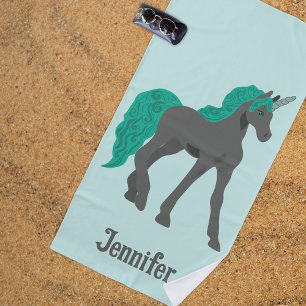 Grey and Teal Unicorn Personalized Beach Towel