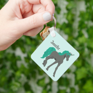 Grey and Teal Unicorn Personalized Keychain