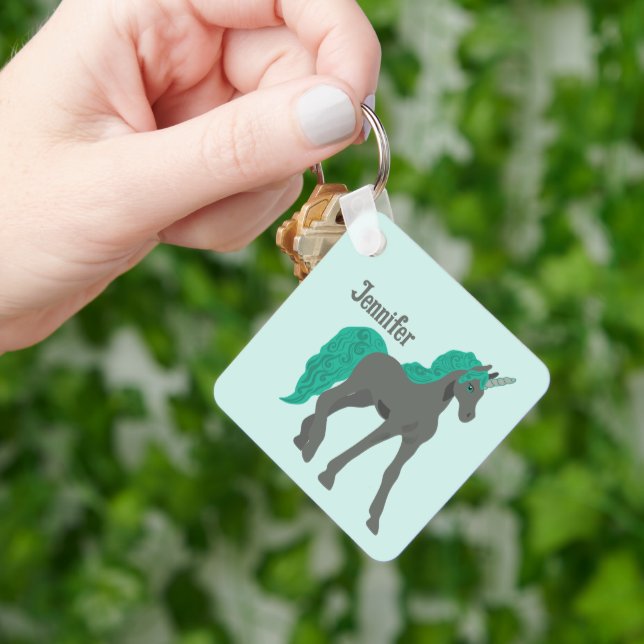 Grey and Teal Unicorn Personalized Keychain (Hand)