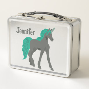 Grey and Teal Unicorn Personalized Metal Lunch Box