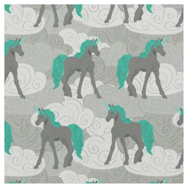 Grey and Teal Unicorns and Clouds Patterned Fabric (Close Up)