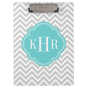 Grey and Turquoise Chevron Custom Monogram Clipboard