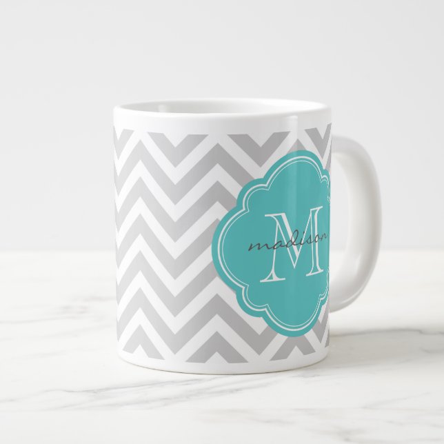 Grey and Turquoise Chevron Custom Monogram Large Coffee Mug (Front Right)