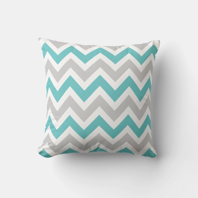 Grey and Turquoise Chevron Throw Pillow (Front)
