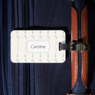 Grey and turquoise floral doodles in white luggage tag