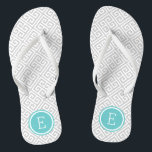 Grey and Turquoise Greek Key Monogram Flip Flops<br><div class="desc">Custom printed flip flop sandals with a stylish modern Greek key pattern and your custom monogram or other text in a circle frame. Click Customize It to change text fonts and colours or add your own images to create a unique one of a kind design!</div>