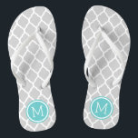 Grey and Turquoise Moroccan Quatrefoil Monogram Flip Flops<br><div class="desc">Custom printed flip flop sandals with a stylish Moroccan quatrefoil pattern and your custom monogram or other text in a circle frame. Click Customize It to change text fonts and colours or add your own images to create a unique one of a kind design!</div>