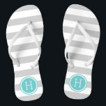 Grey and Turquoise Preppy Stripes Monogram Flip Flops<br><div class="desc">Custom printed flip flop sandals with a preppy nautical stripe pattern and your custom monogram or other text in a circle frame. Click Customize It to change text fonts and colours or add your own images to create a unique one of a kind design!</div>