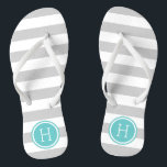 Grey and Turquoise Preppy Stripes Monogram Flip Flops<br><div class="desc">Custom printed flip flop sandals with a preppy nautical stripe pattern and your custom monogram or other text in a circle frame. Click Customize It to change text fonts and colours or add your own images to create a unique one of a kind design!</div>