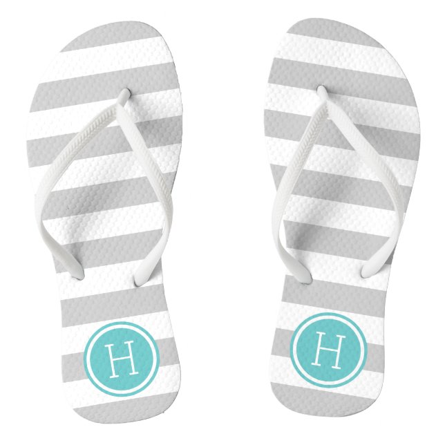 Grey and Turquoise Preppy Stripes Monogram Flip Flops (Footbed)