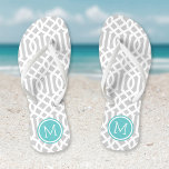 Grey and Turquoise Trellis Monogram Flip Flops<br><div class="desc">Custom printed flip flop sandals with a stylish modern trellis pattern and your custom monogram or other text in a circle frame. Click Customize It to change text fonts and colours or add your own images to create a unique one of a kind design!</div>