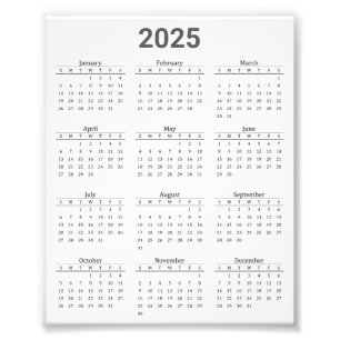 Grey and White 2025 Year At A Glance Calendar Photo Print