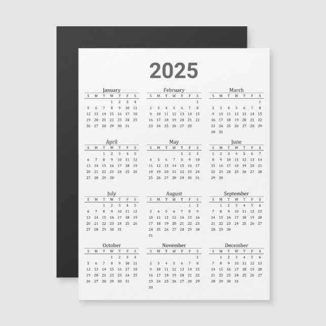 Grey and White 2025 Yearly Calendar Magnetic Card (Front/Back)