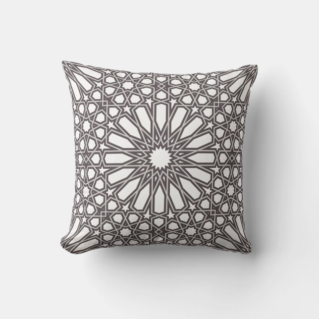 Grey and White Alhambra Geometric Pattern Throw Pillow (Front)