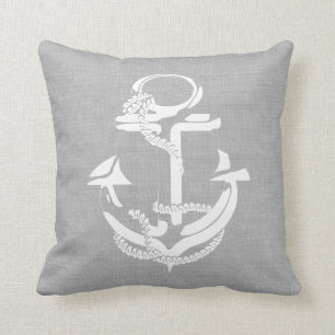 Grey and White Anchor and Stripes Throw Pillow