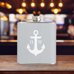 Grey and White Anchor Monogram Hip Flask<br><div class="desc">Modern and trendy nautical design.</div>