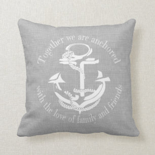 Grey and White Anchor Monogram Throw Pillow