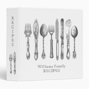 Grey and White Antique Cutlery Personalized Recipe Binder
