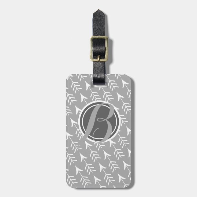 Grey and White Arrows with Monogram Luggage Tag (Front Vertical)