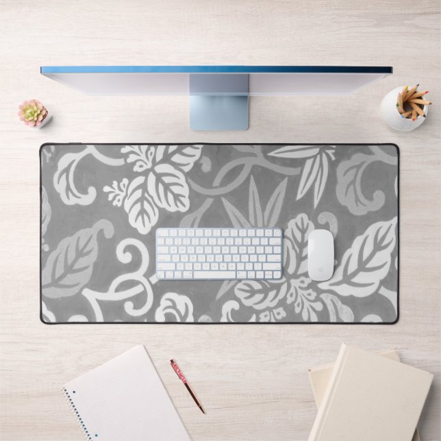 Grey and White Art Deco Floral Desk Mat Pad (Office 1)
