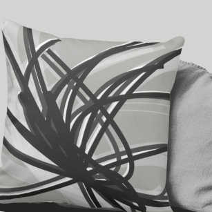 Grey and White Artistic Abstract Ribbons Throw Pillow