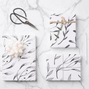 Grey and White Botanical Wrapping Paper Set