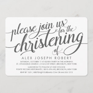 Grey and White Calligraphy Christening Invitation