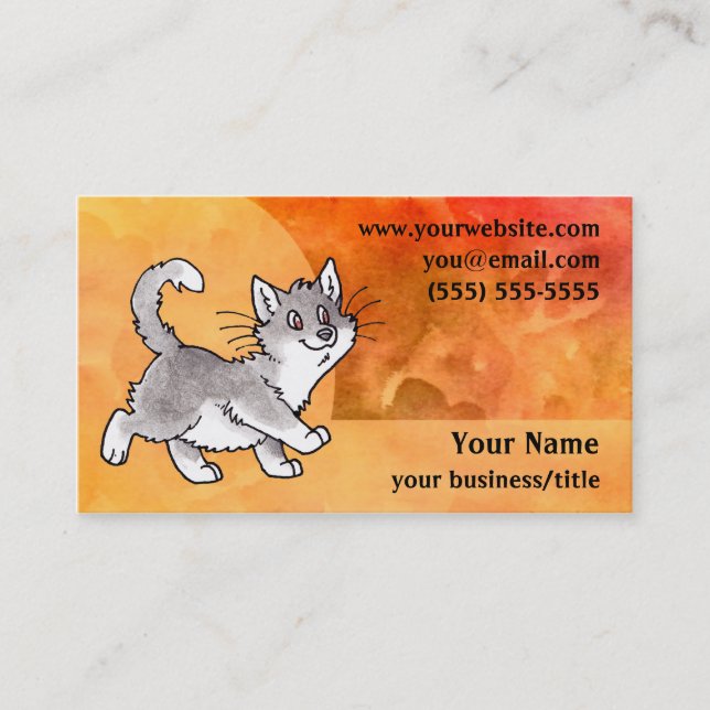 Grey and White Cat Business Card - Fiery Orange (Front)