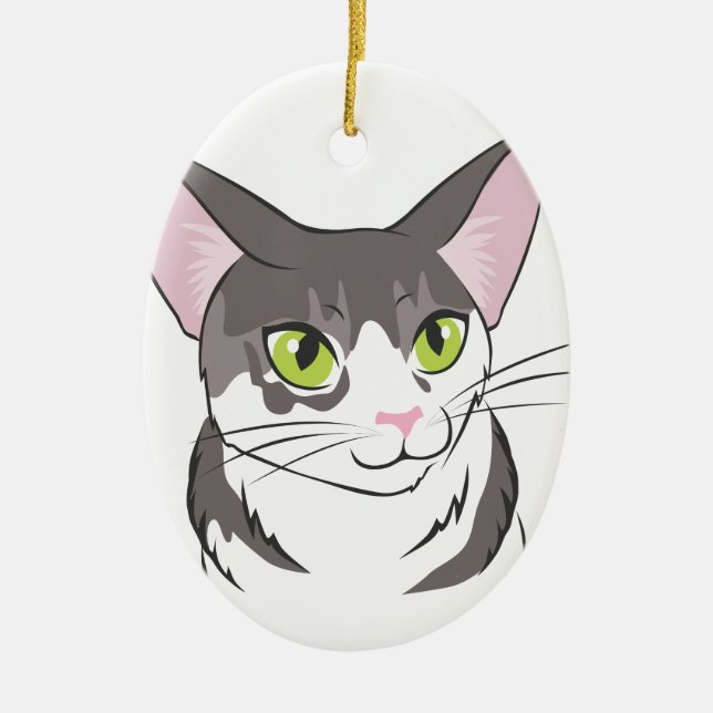 Grey and White Cat Ceramic Ornament (Front)