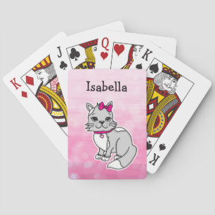 Grey and White Cat Personalized Girl's Pink  Playing Cards
