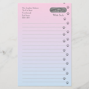 Grey and White Cat with Cat Footprints Stationery
