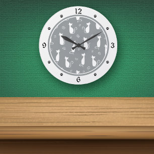 Grey and White Cats Pattern Large Clock