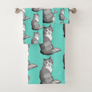 Grey and White Cats Turquoise Towel Set