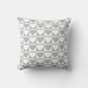 Grey and White Chequered Pattern With Hearts Throw Pillow