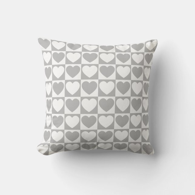Grey and White Chequered Pattern With Hearts Throw Pillow (Front)