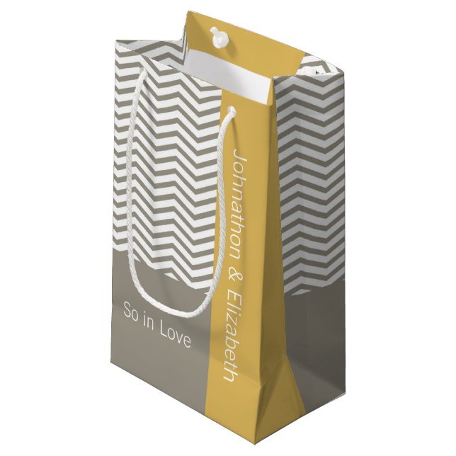 Grey and White Chevron Chic Wedding With Names Small Gift Bag (Front Angled)