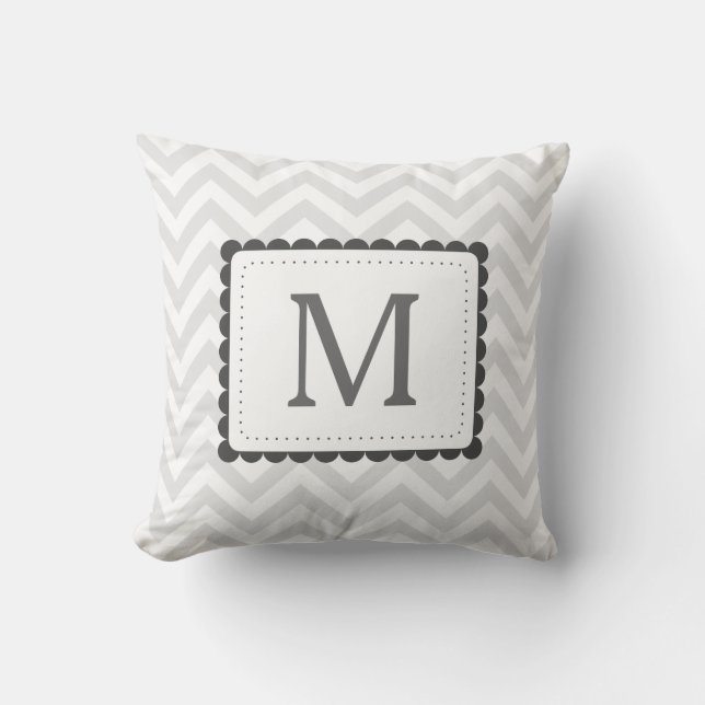 Grey And White Chevron Custom Monogram Throw Pillow (Front)